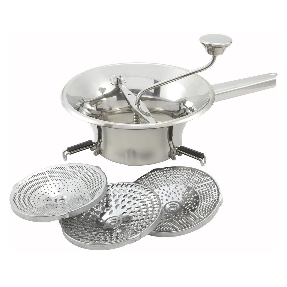 Winco 18/8 Stainless Steel Medium 2 Quart Food Mill With 3 Sieves, 9 Inch Dia.