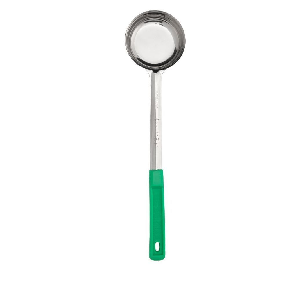 Browne Stainless Steel One Piece Solid Portioner With Green Handle, 4 Ounce Capacity