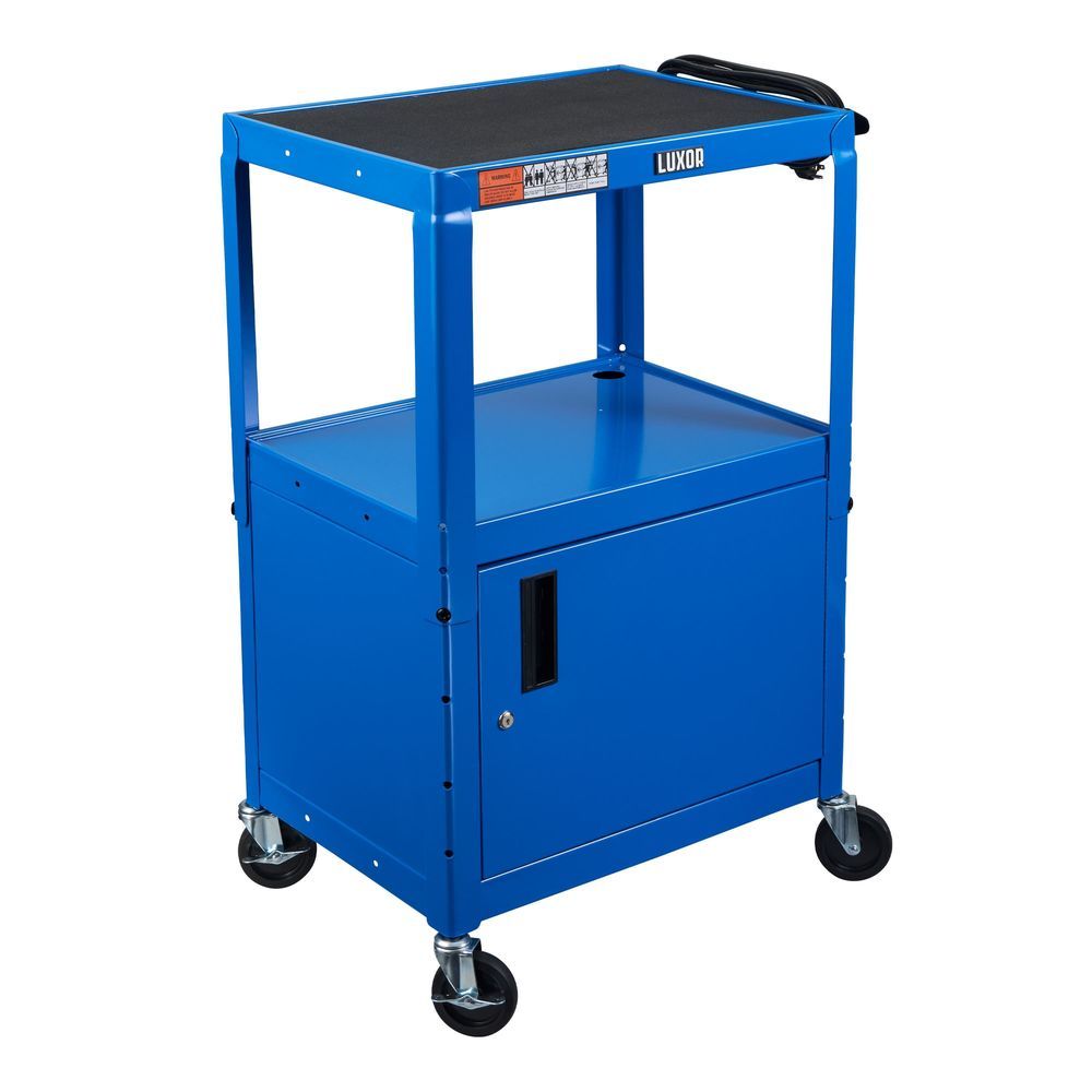 Luxor Leader Blue Adjustable-height Three-shelf Media Utility Cart With Locking Cabinet And Drop Leaf Shelves, 24 X 18 X 24 To 42 Inch Height