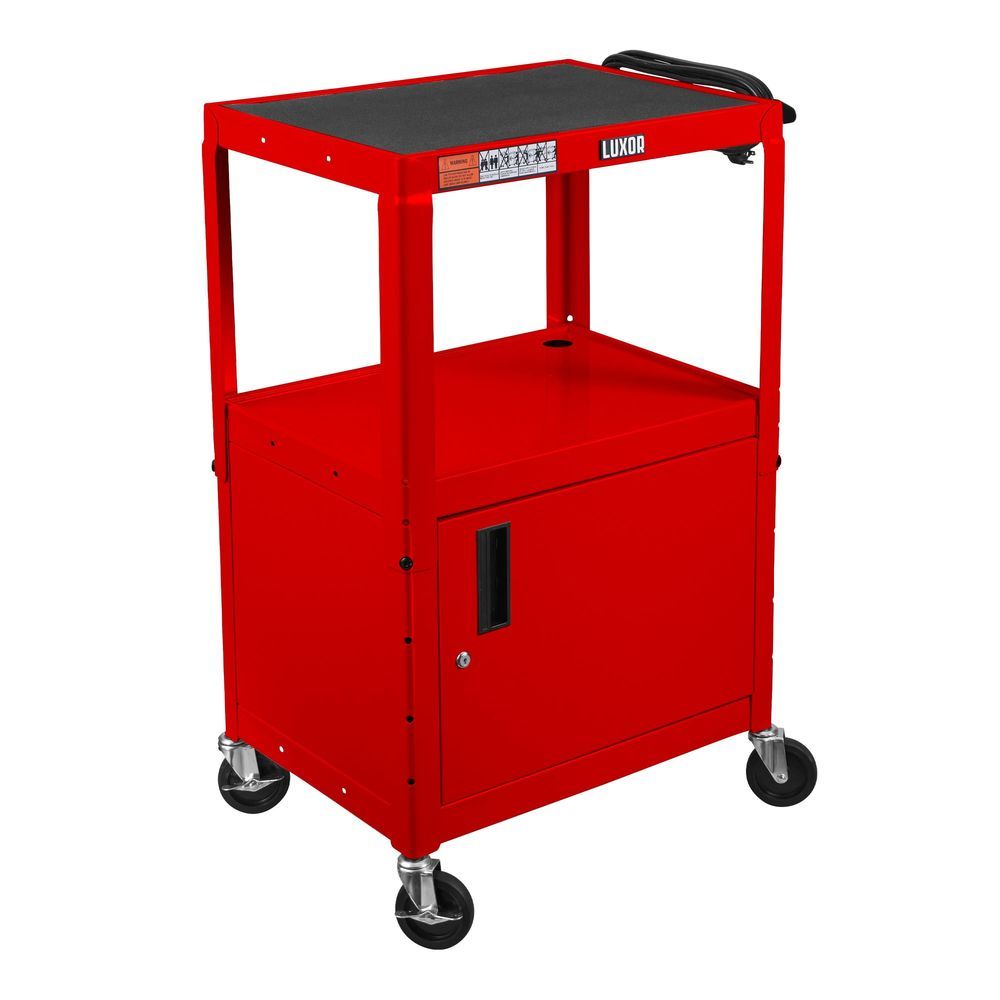 Luxor Leader Red Adjustable-height Three-shelf Media Utility Cart With Locking Cabinet And Drop Leaf Shelves, 24 X 18 X 24 To 42 Inch Height