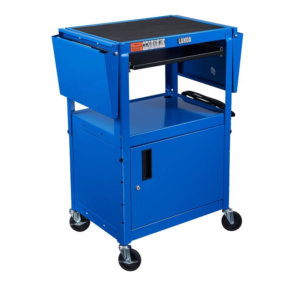 Luxor Leader Blue Adjustable-height Three-shelf Media Utility Cart With Pullout Tray, Locking Cabinet And Drop Leaf Shelves, 24 X 18 X 24 To 42 Inch Height
