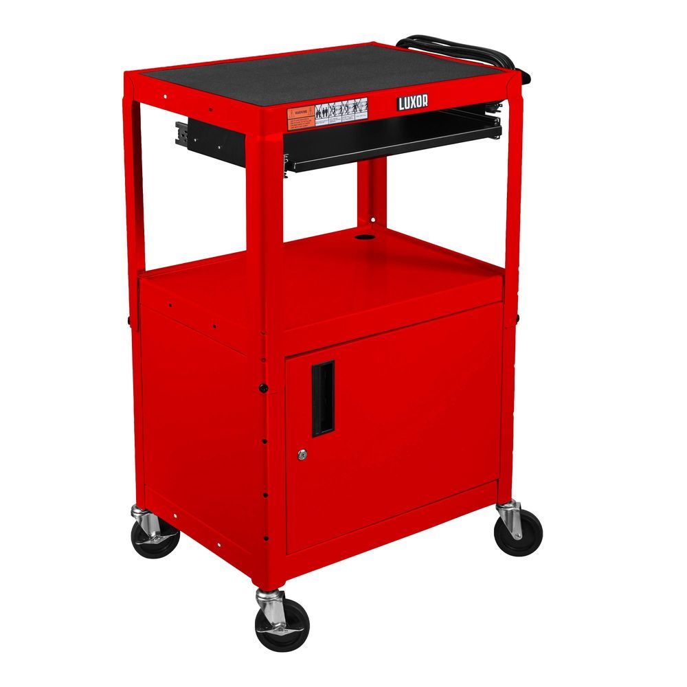 Luxor Leader Red Adjustable-height Three-shelf Media Utility Cart With Pullout Tray And Locking Cabinet, 24 X 18 X 24 To 42 Inch Height