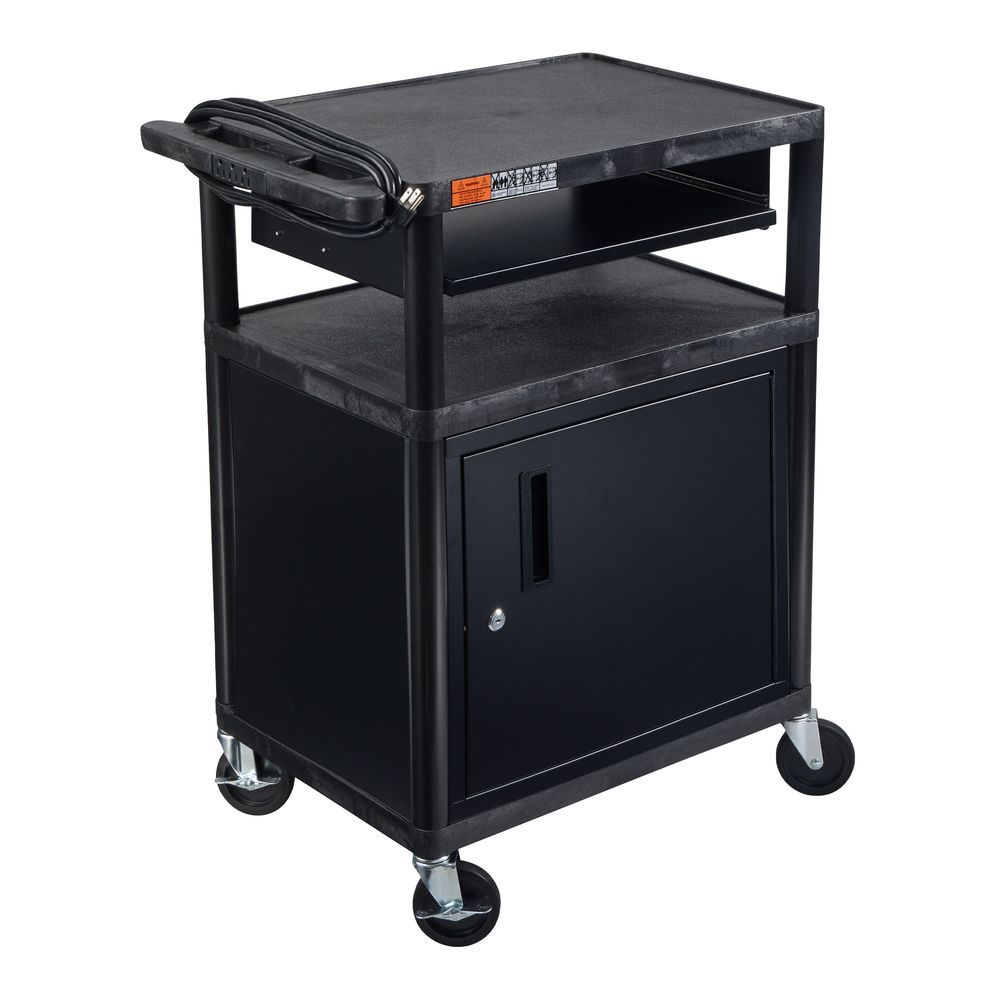 Luxor Endura Black Three-shelf Media Utility Av Cart With Cabinet, Keyboard Tray And Electric Assembly, 24 X 18 X 34 Inch
