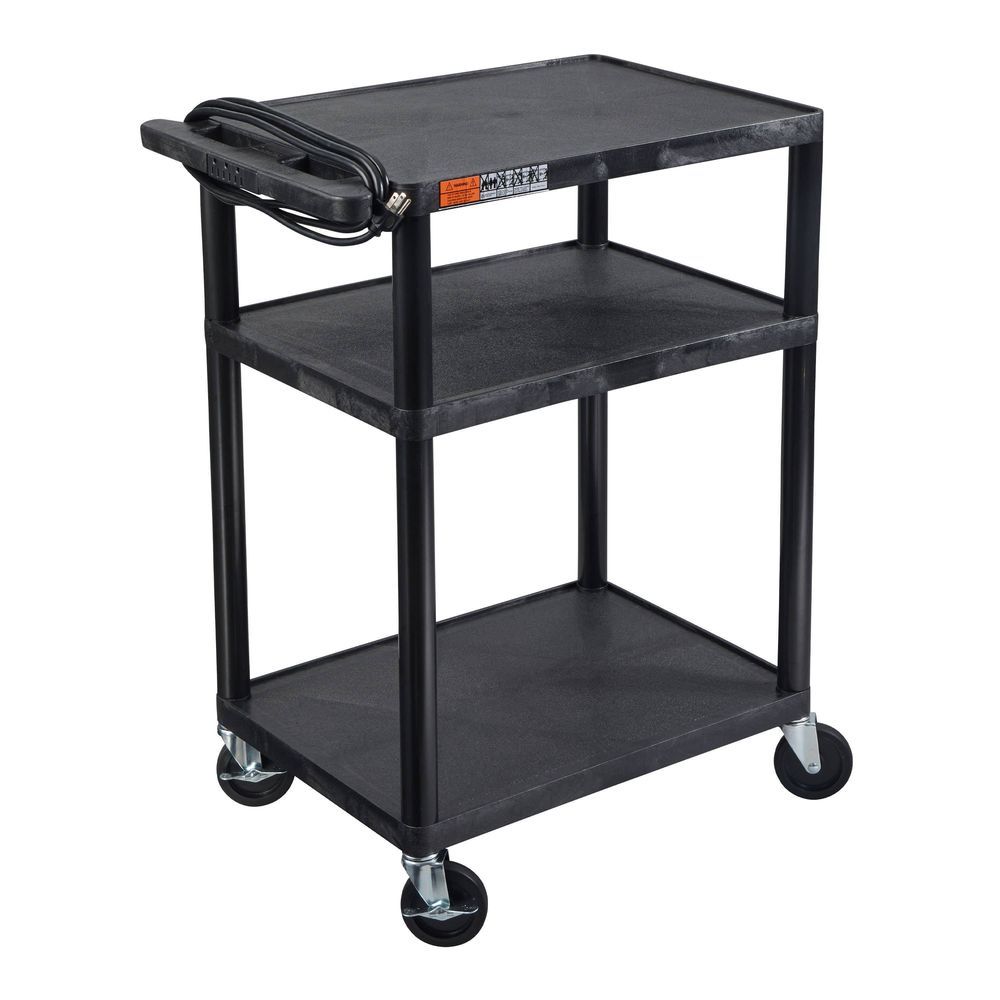 Luxor Endura Black Three-shelf Media Utility Av Cart With Electric Assembly, 24 X 18 X 34 Inch