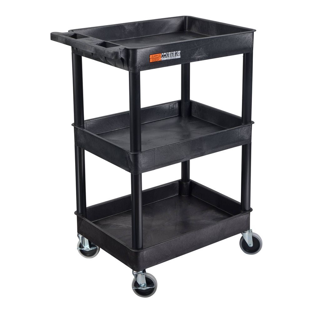 Luxor Endura Black Three-shelf Utility Cart With Tub Shelves, 24 X 18 X 39.25 Inch