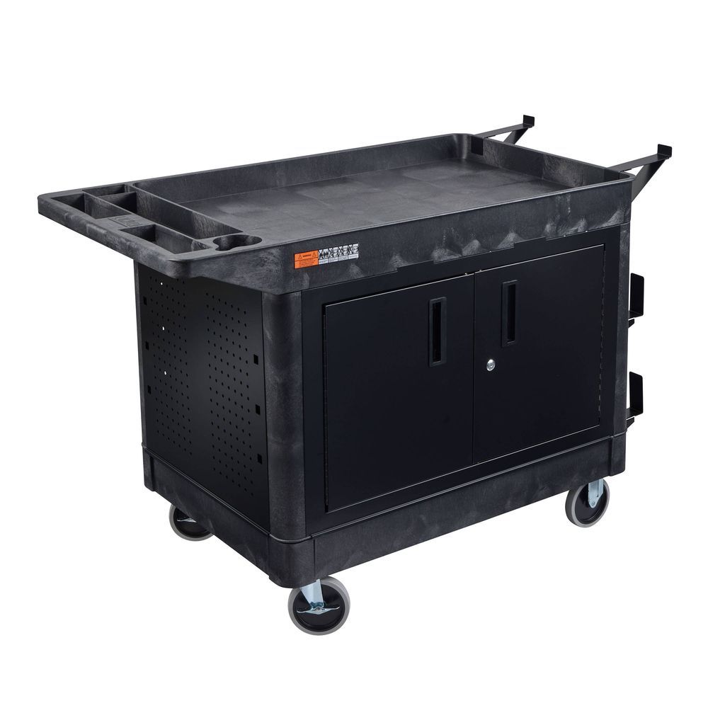 Luxor Workload Black Two-shelf Industrial Utility Cart With Locking Cabinet And Ladder Holder, 25.5 X 45.5 X 33 Inch
