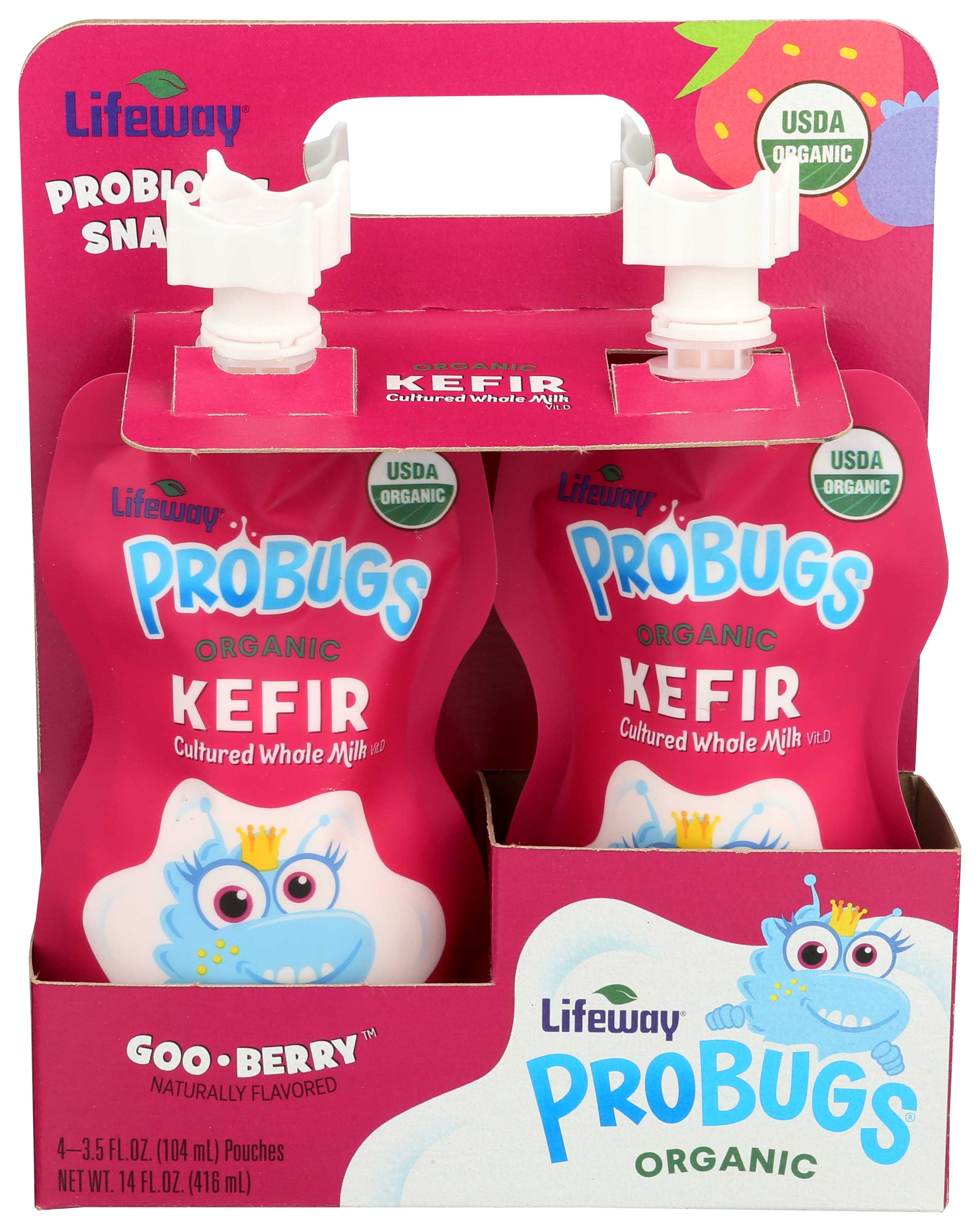 Lifeway Organic Goo Berry Probugs Whole Milk Kefir, 3.5 Fluid Ounce - 4 count per pack -- 6 packs per case