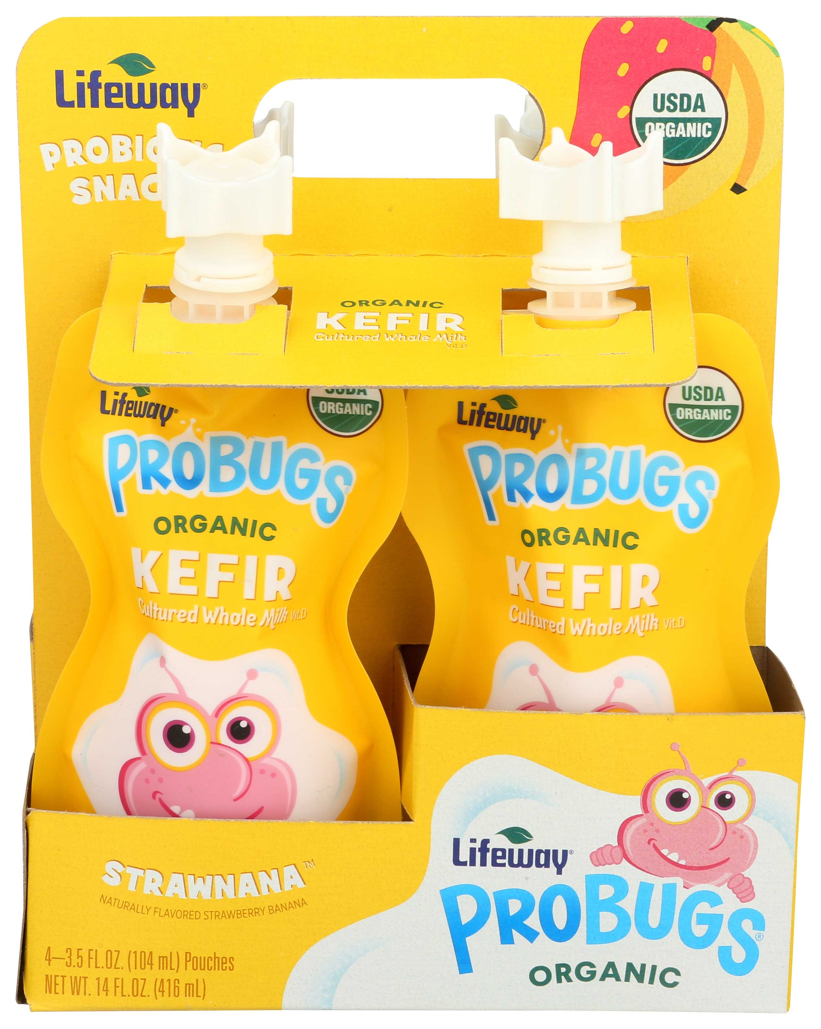 Lifeway Strawnana Organic Probugs Whole Milk Kefir, 3.5 Fluid Ounce - 4 count per pack -- 6 packs per case