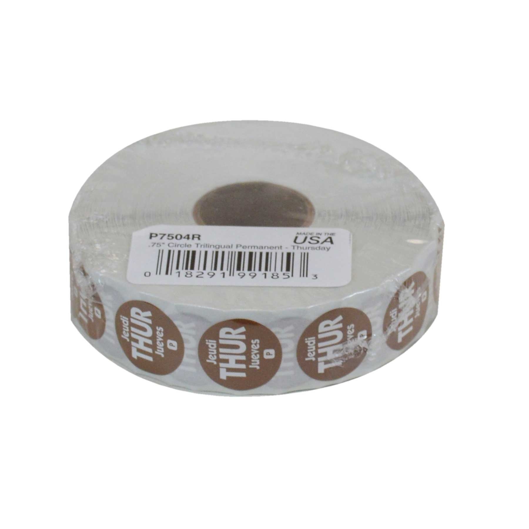 National Checking Company Dateit Brown Trilingual Permanent Label - Thursday, 0.75 inch Circle -- 2000 per case.
