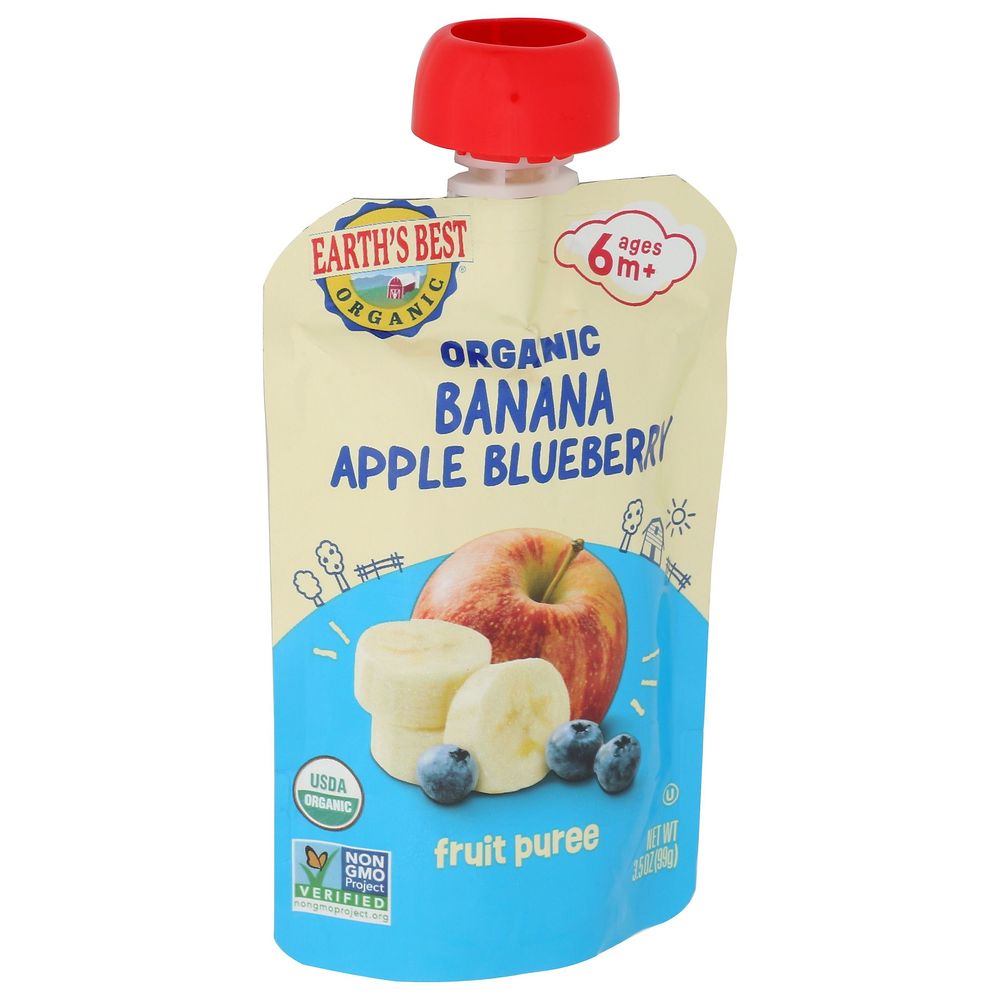 Earths Best Organic Banana Apple Blueberry Fruit Puree for 6 Plus Months Baby, 3.5 Ounce Pouch -- 12 per case