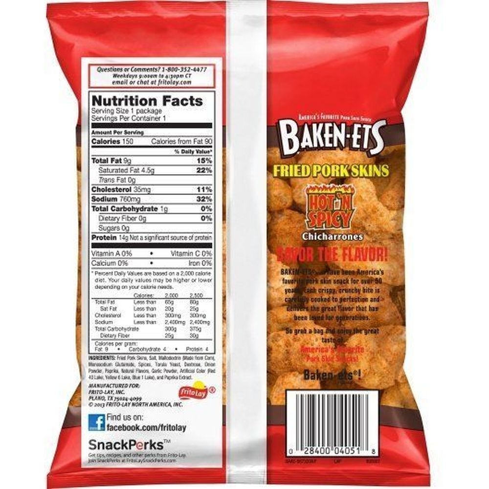 Baken-Ets Hot and Spicy Pork Rind, 1 Ounce -- 64 per case