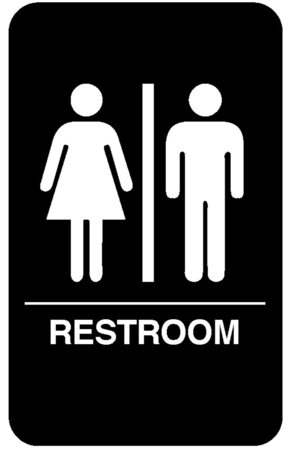 Traex White imprint on Black Braille Symbol Sign - Restroom, 6 x 9 inch.