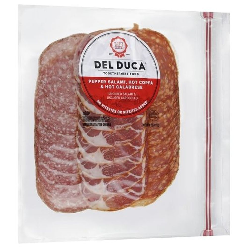 Del Duca Variety Spicy Pre Sliced Pepperoni and Salami, 8 Ounce -- 10 per case