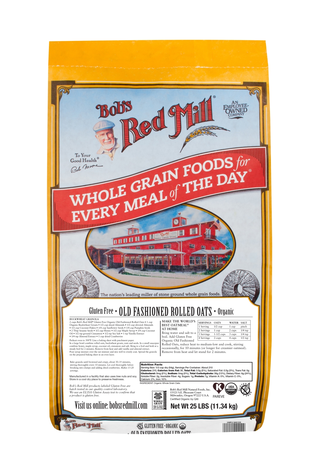 Bobs Red Mill Gluten Free Organic Old Fashioned Rolled Oats, 25 Pound.