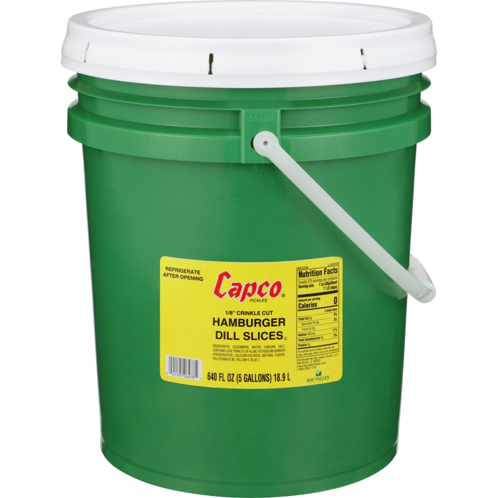 Capco Hamburger Dill Slices 1/8 Crinkle Cut, 5 Gallon.