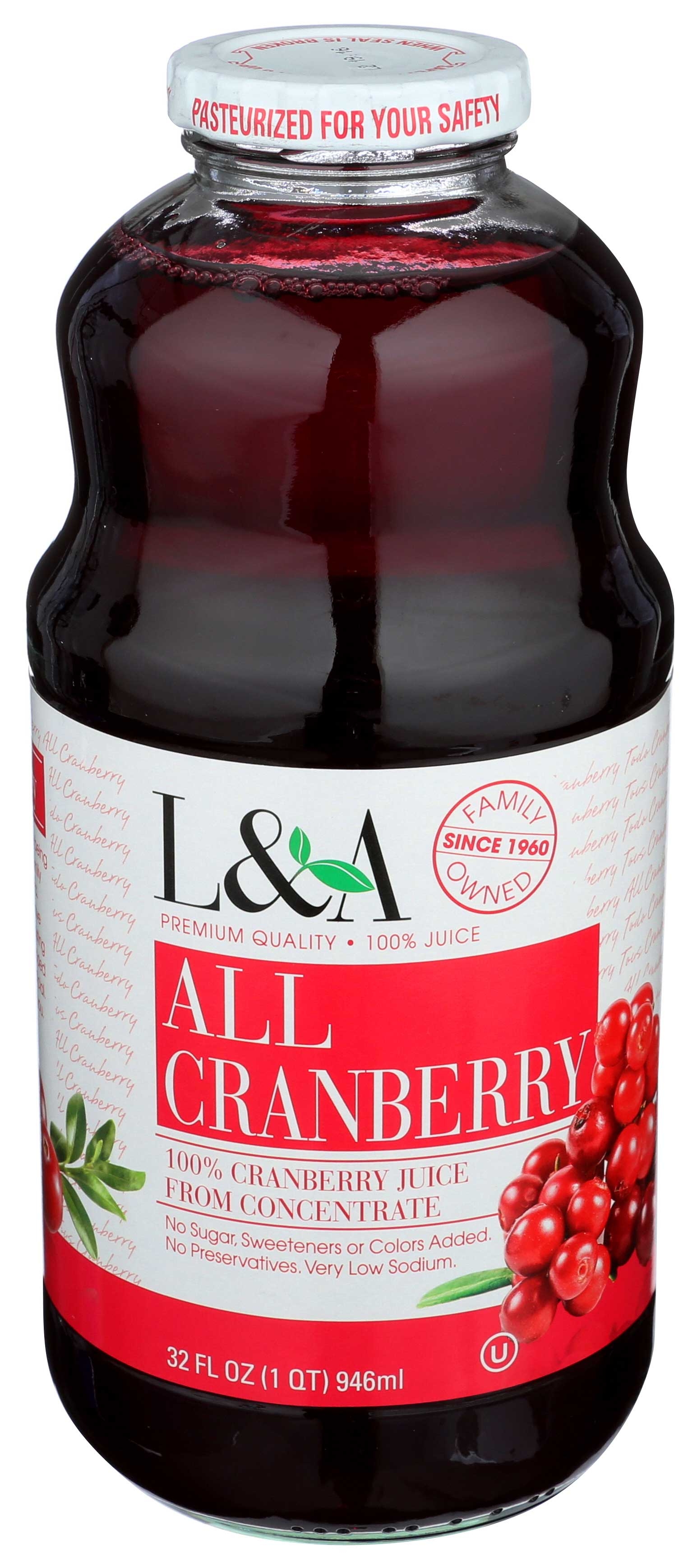 L and A All Cranberry Juice, 32 Ounce -- 6 per case.
