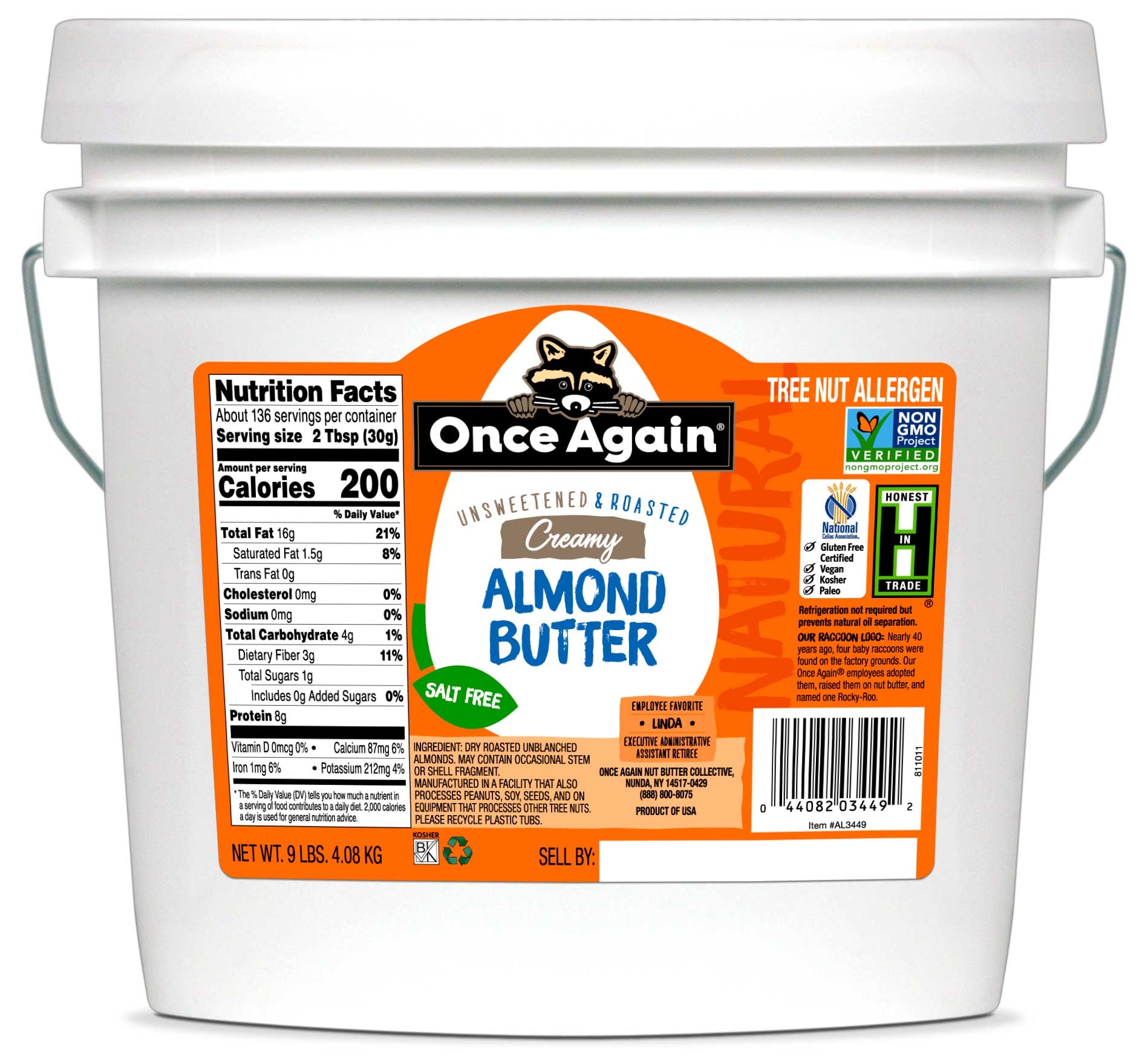 Once Again Natural Smooth No Salt Almond Butter, 9 Pound