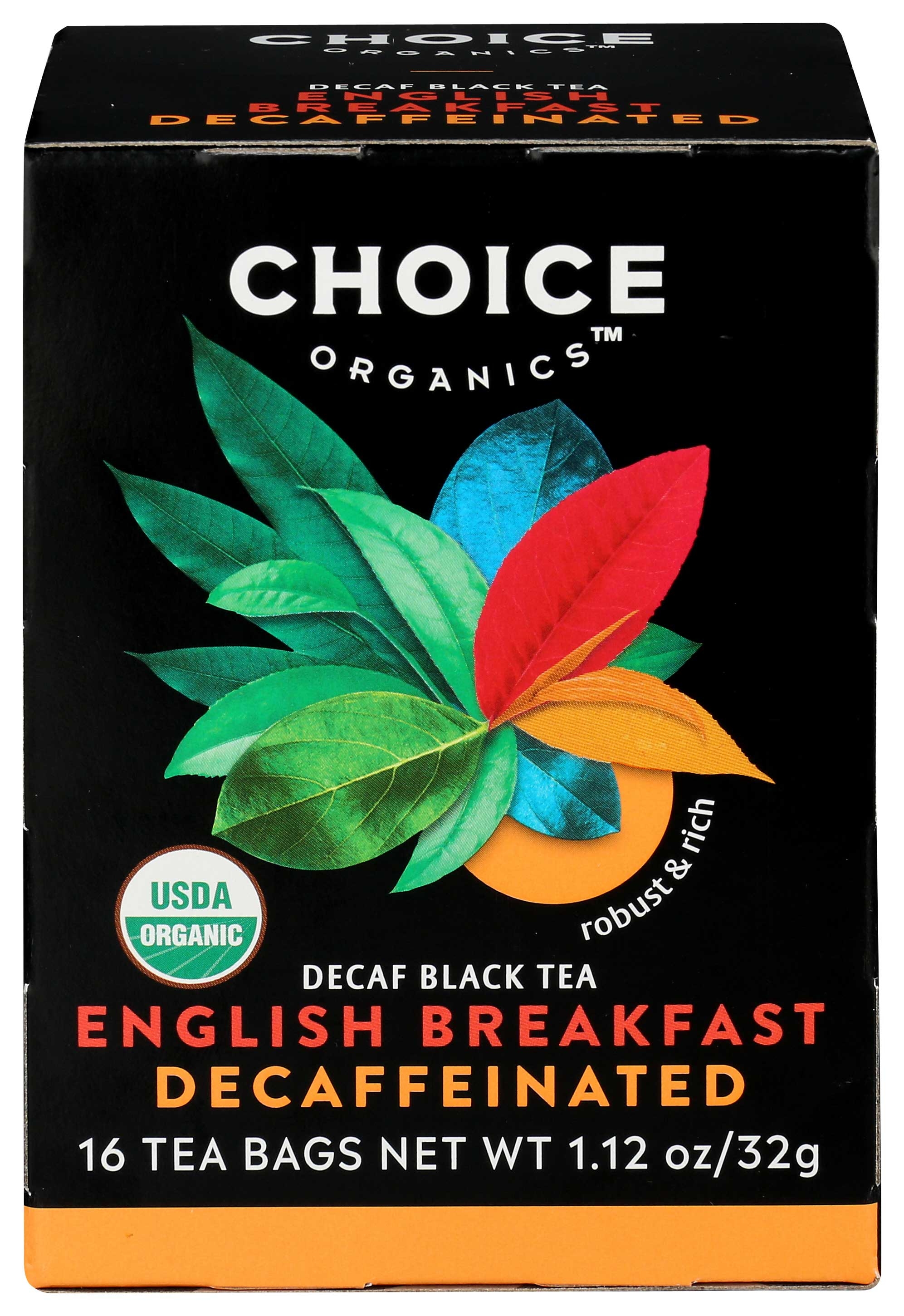Choice Organic Teas Decaffeinated English Breakfast Tea - 16 bags per pack -- 6 packs per case.