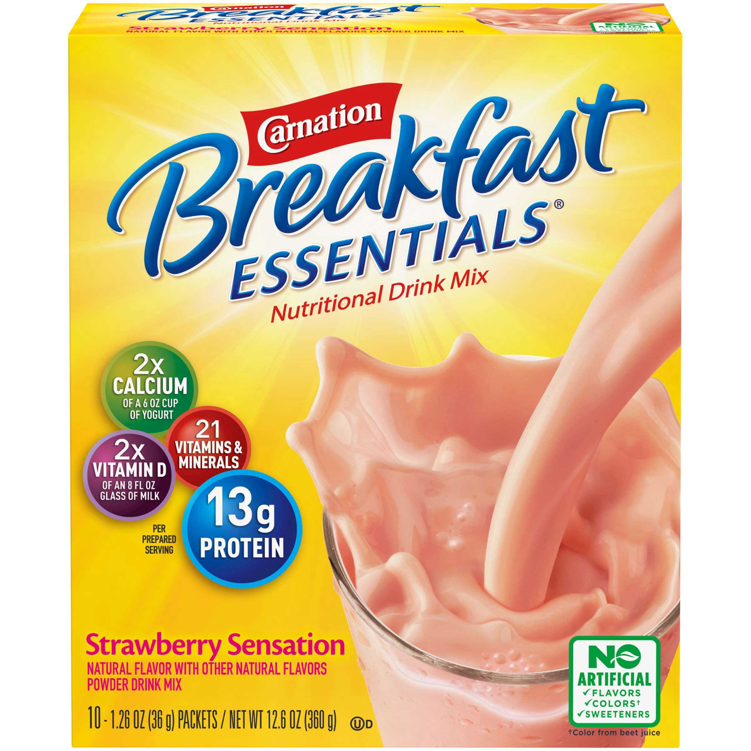 Carnation Breakfast Essentials Strawberry Nutritional Drink Mix, 1.26 Ounce -- 60 per case