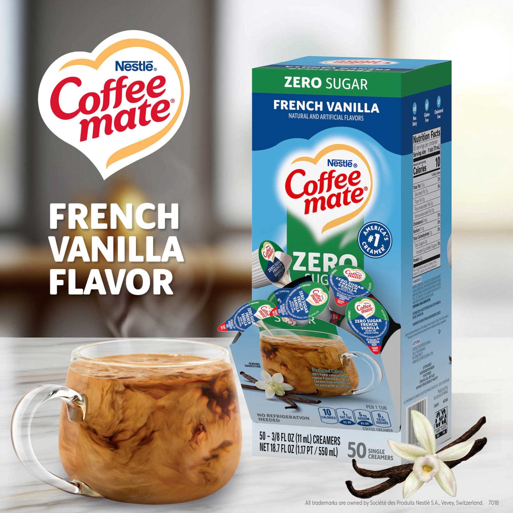 Coffee Mate Zero Sugar French Vanilla Liquid - 50 count per pack -- 4 packs per case.