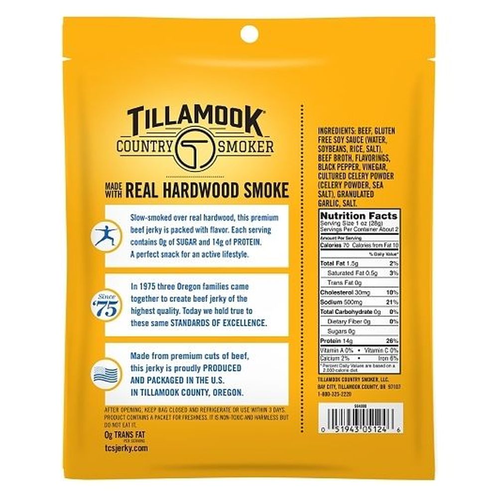Tillamook Country Smoker Zero Sugar Black Pepper Beef Jerky, 2.2 Ounce -- 8 per case