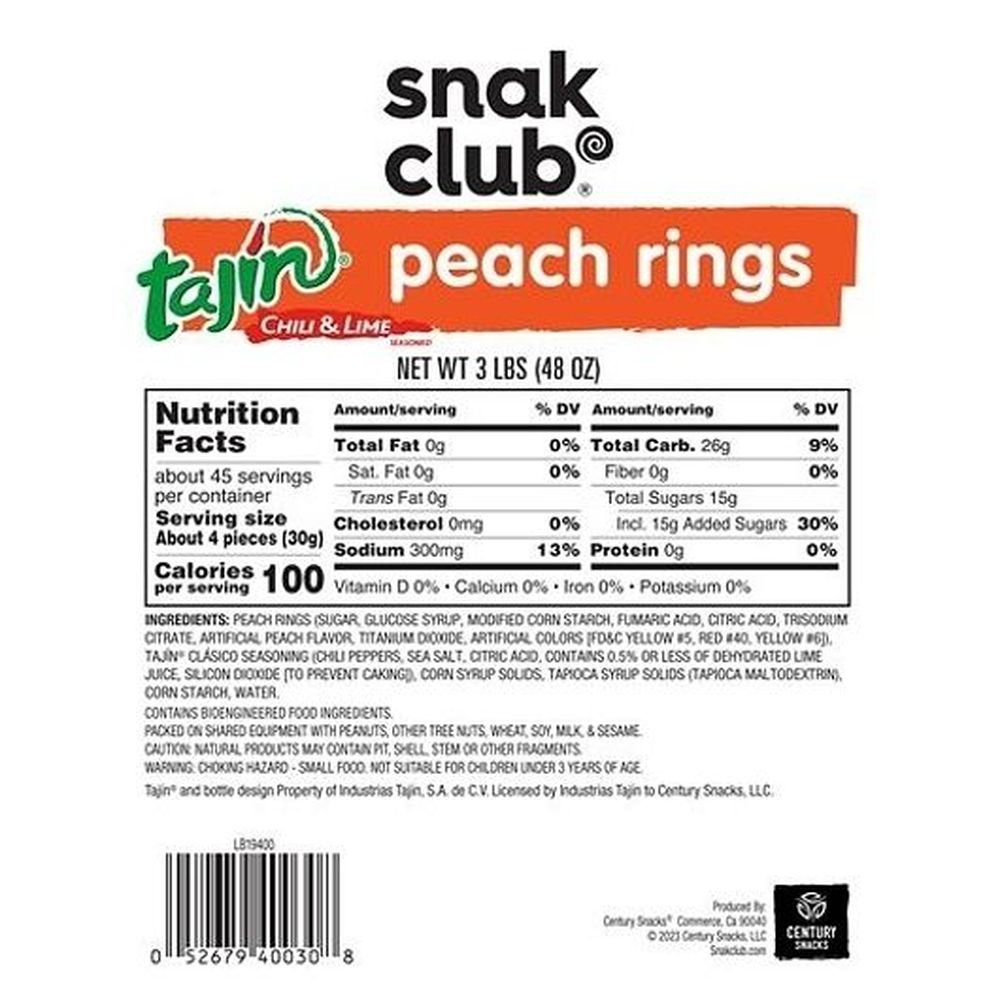 Snak Club Tajin Peach Gummy Rings, 48 Ounce -- 2 per case