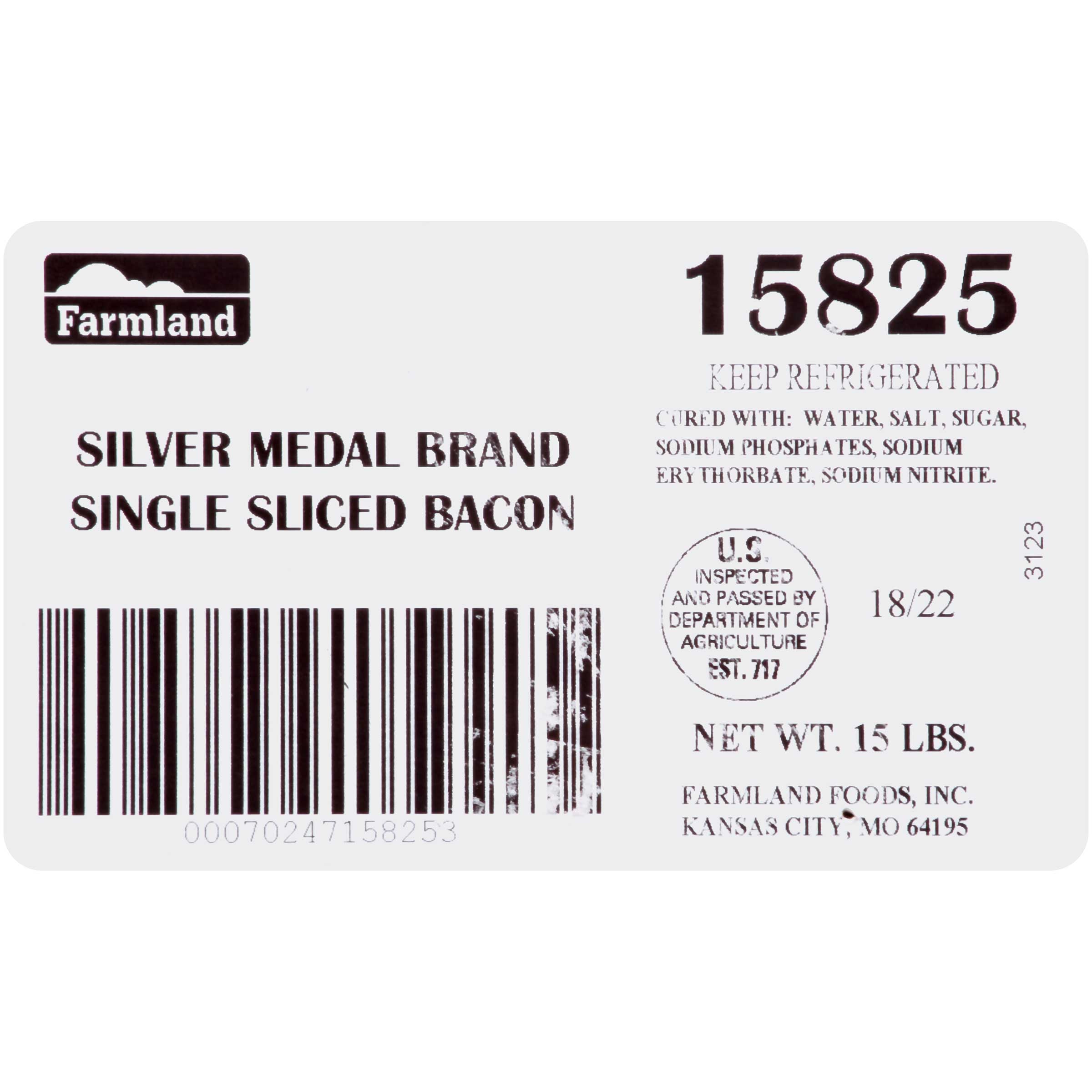 Farmland Silver Medal Single Sliced Bacon, 18/22 Slice, 15 Pounds