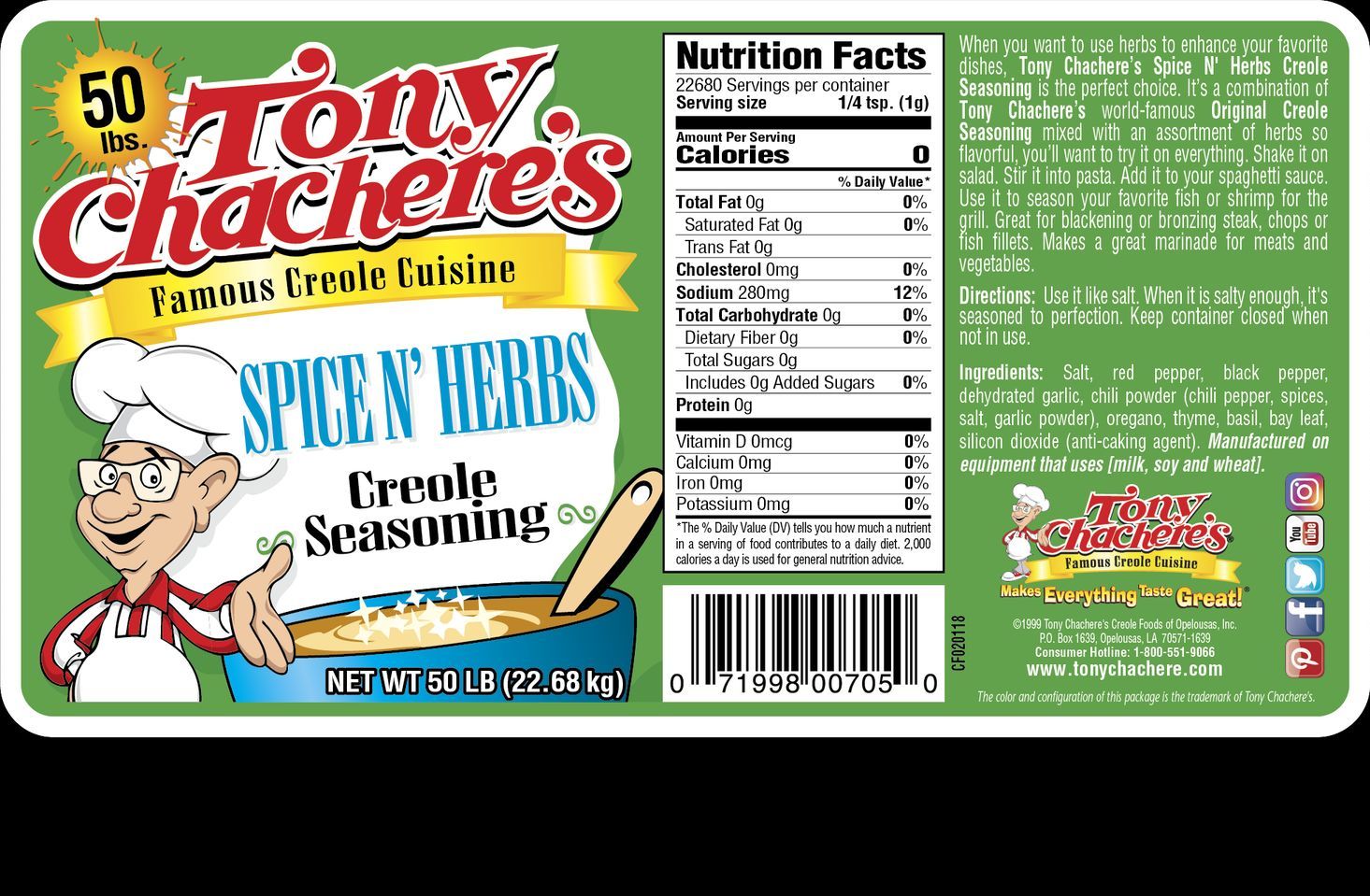 Tony Chachere's Spices And Herbs Creole Seasoning, 50 Pound