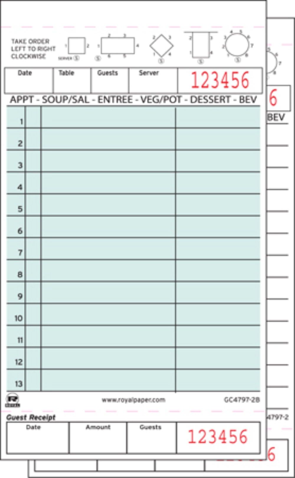 Royal Green Loose 2 Part 13 Lines Cabonless Guest Check Board -- 2000 per case.
