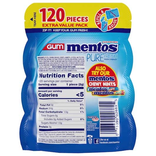 Mentos Pure Fresh Mint Gum, 120 count per pack -- 6 per case
