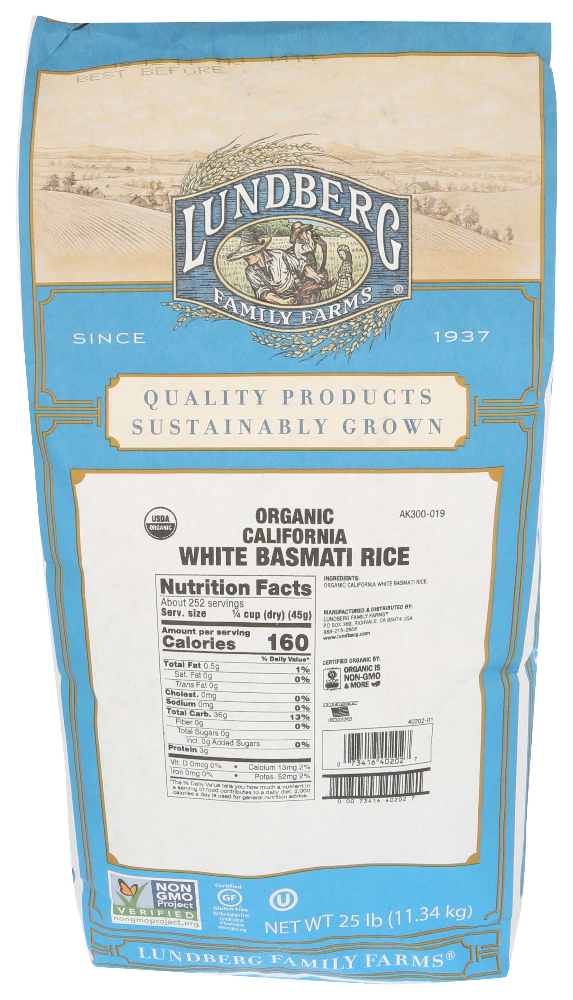 Lundberg Farms Organic White California Basmati Rice, 25 Pound