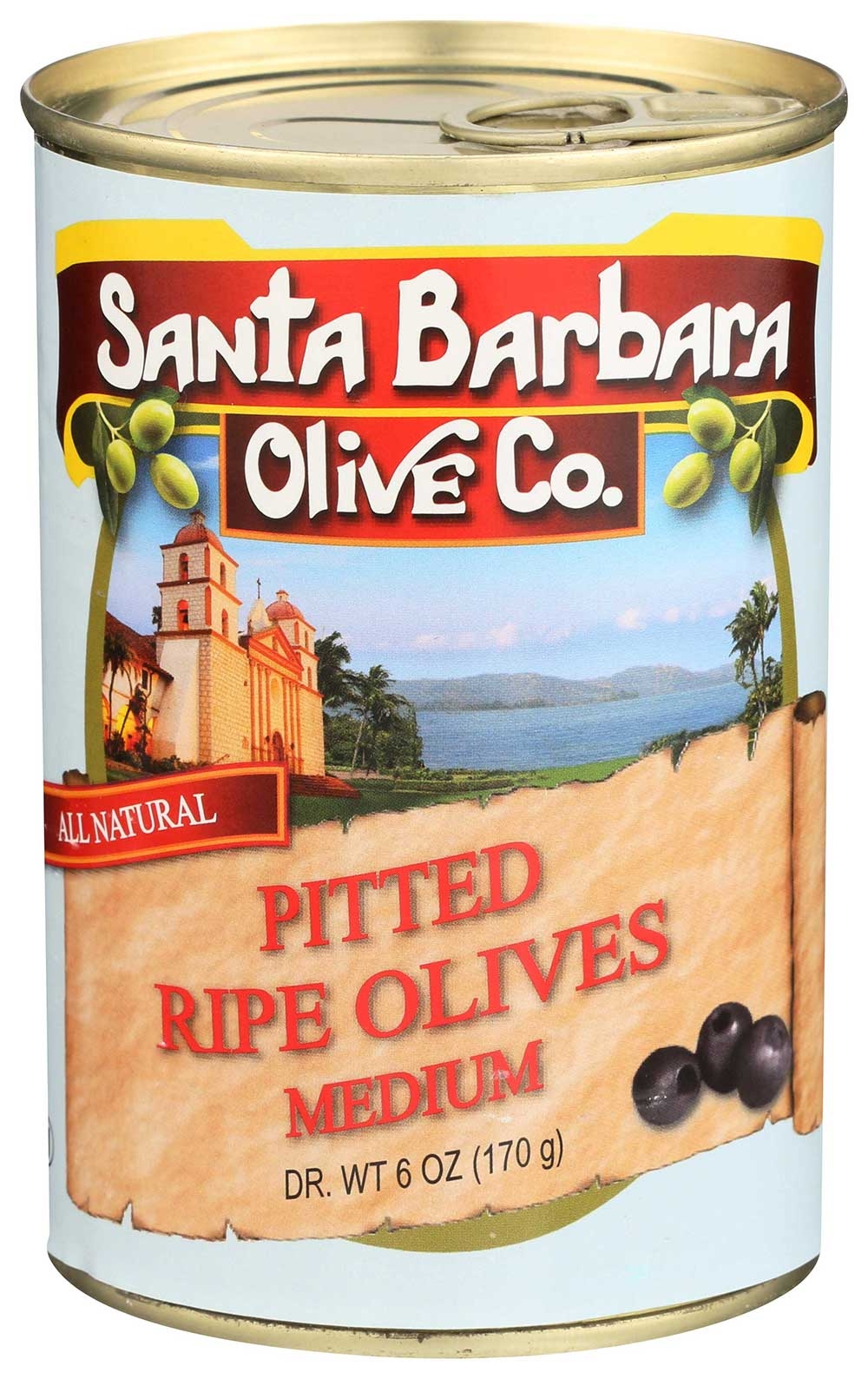 Santa Barbara Black Ripe Medium Pitted Olive, 6 Ounce -- 12 per case.