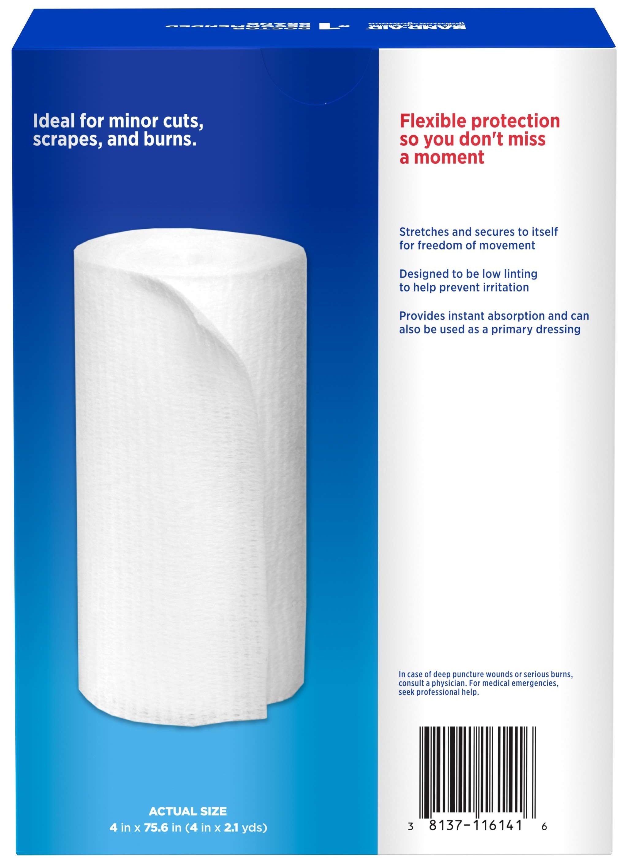 Band Aid 4 inch x 2.1 Yard First Aid Flexible Rolled Gauze, 5 count per pack -- 12 per case