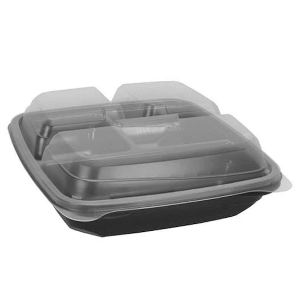 Blaze 8x8 Inch Black 3 Compartment Container With Clear Hinged Lid, 84 Count - 2 Per Case
