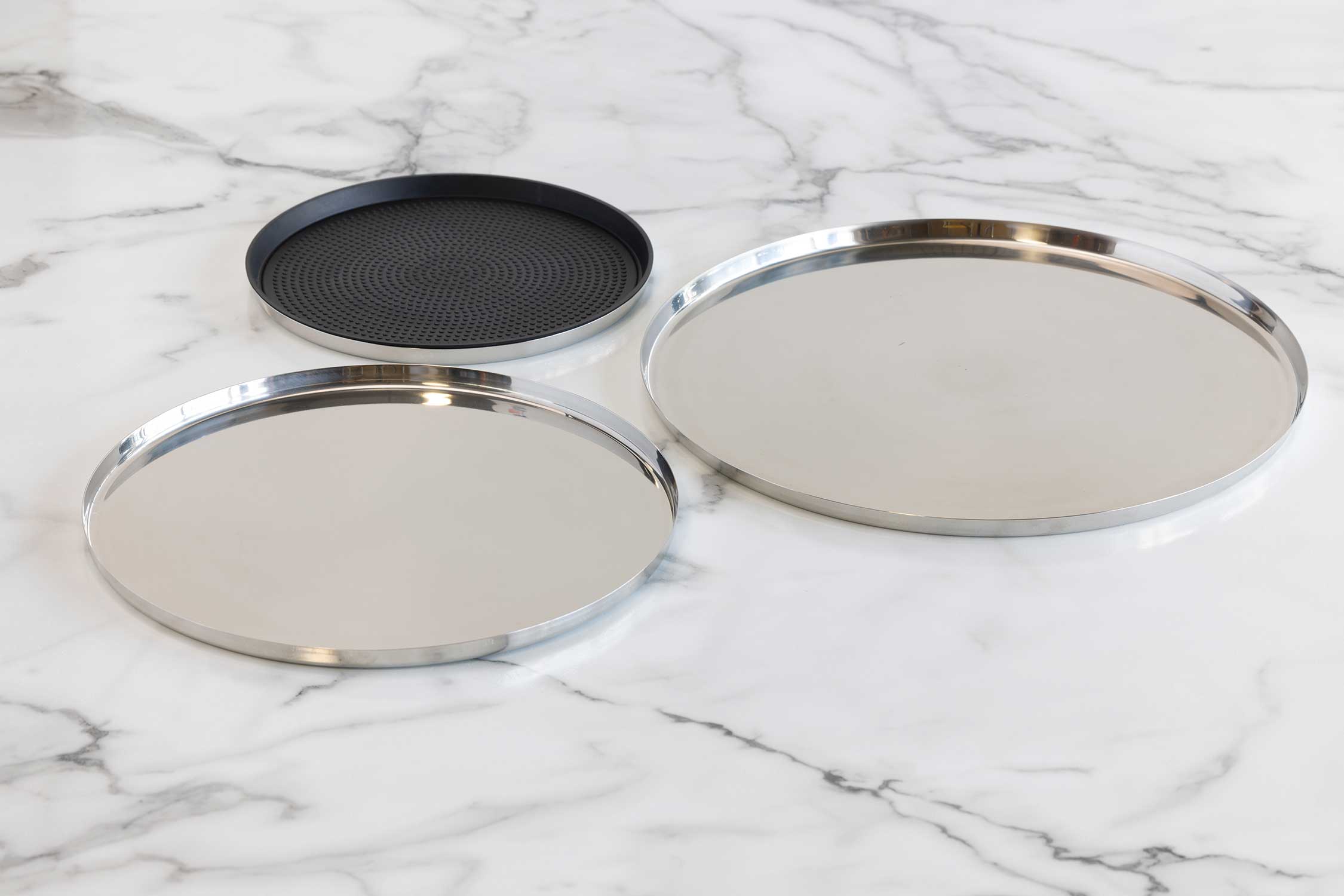 Service Ideas Polished Stainless Modern Edge Medium Round Serving Tray, 12 inch Width x 0.75 inch Height