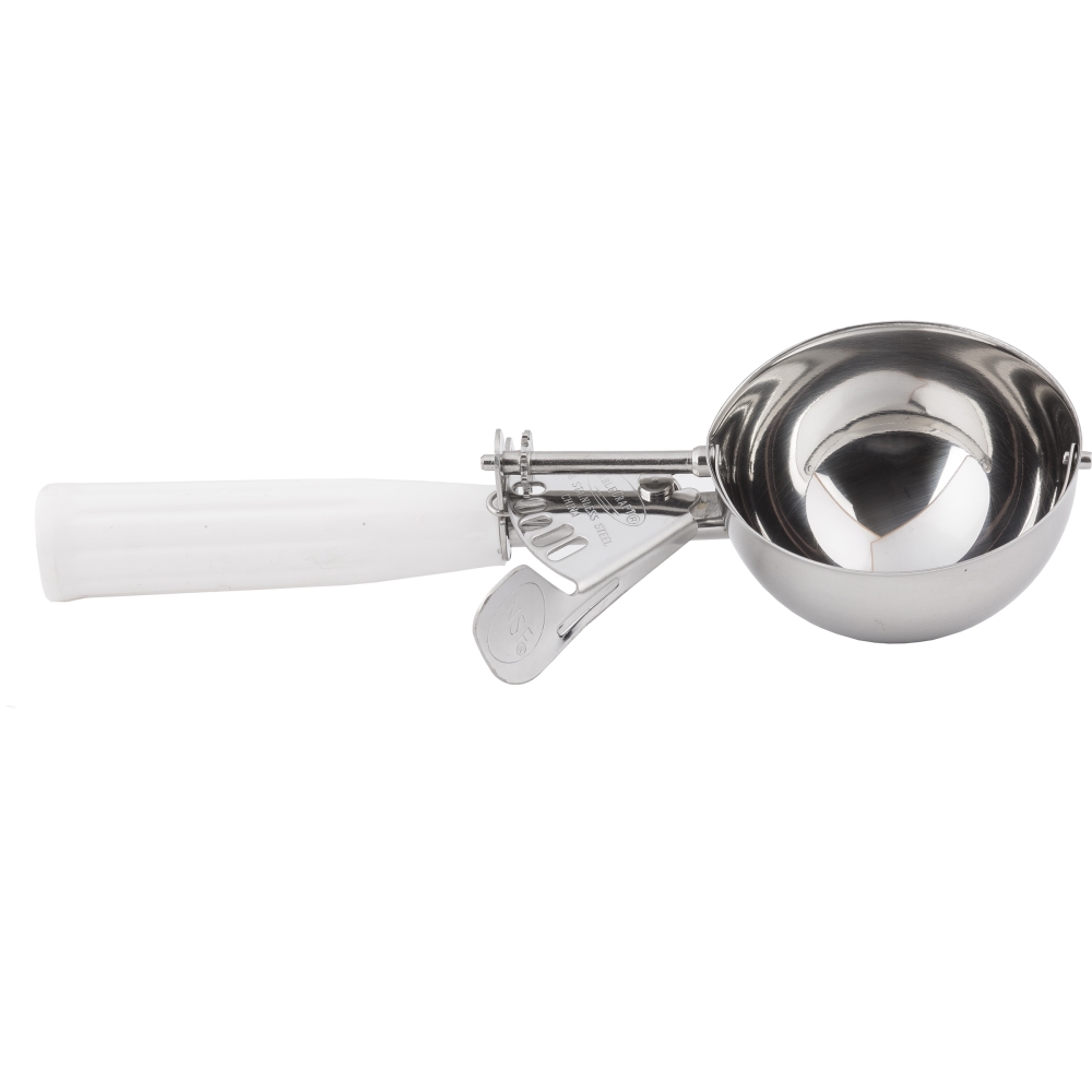 Tablecraft 18/8 Stainless Steel White Size 6 Thumb Press Ice Cream Food Disher With Polyethylene Handle, 5 Ounce Capacity