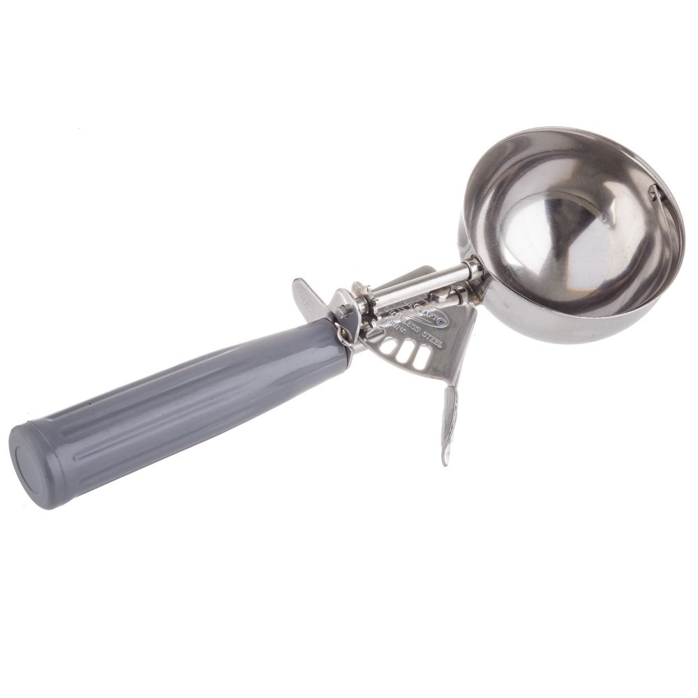 Tablecraft 18/8 Stainless Steel Gray Size 8 Thumb Press Ice Cream Food Disher With Polyethylene Handle, 4 Ounce Capacity