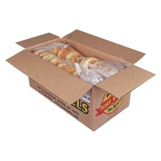 Just Bagels Sliced Asiago Cheese Everything Bagel, 4 Ounce -- 48 per case.
