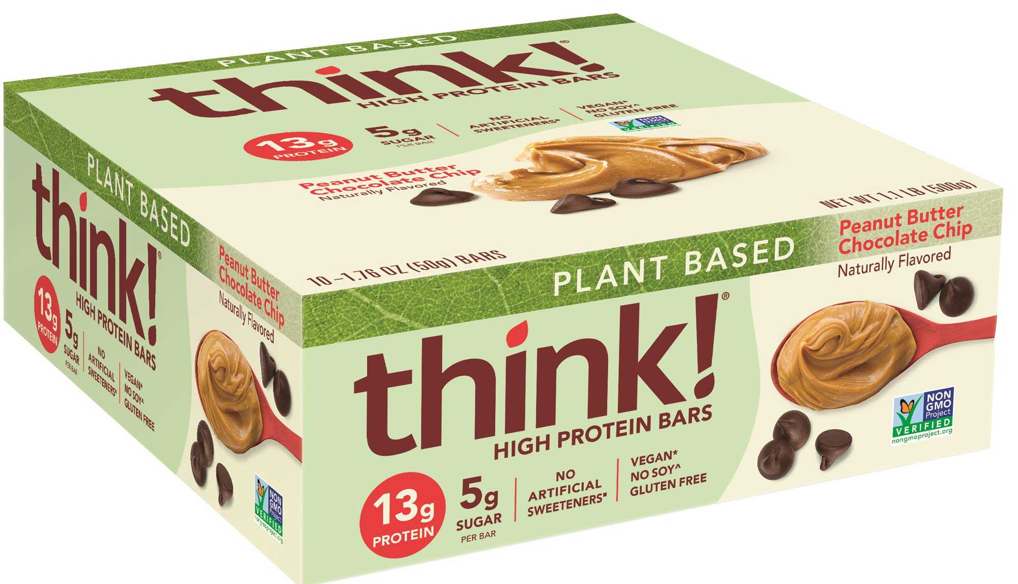 Thinkthin Peanut Butter Chocolate Chip Plant Based High Protein Bar, 1.76 Ounce - 10 count per pack -- 12 packs per case