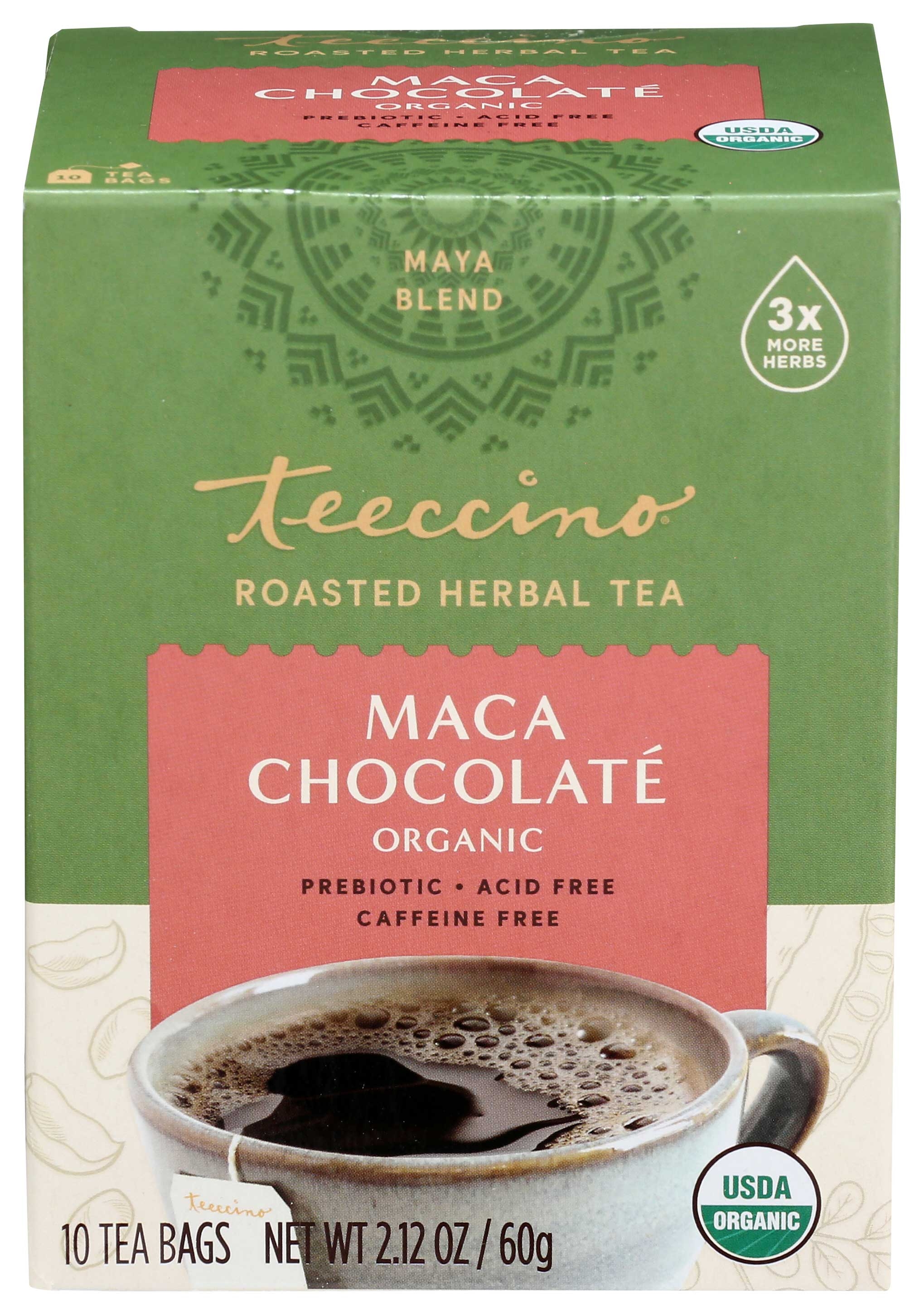 Teeccino Organic Dark Roast Maya Chocolate Herbal Coffee - 10 tee bags per pack -- 6 packs per case.