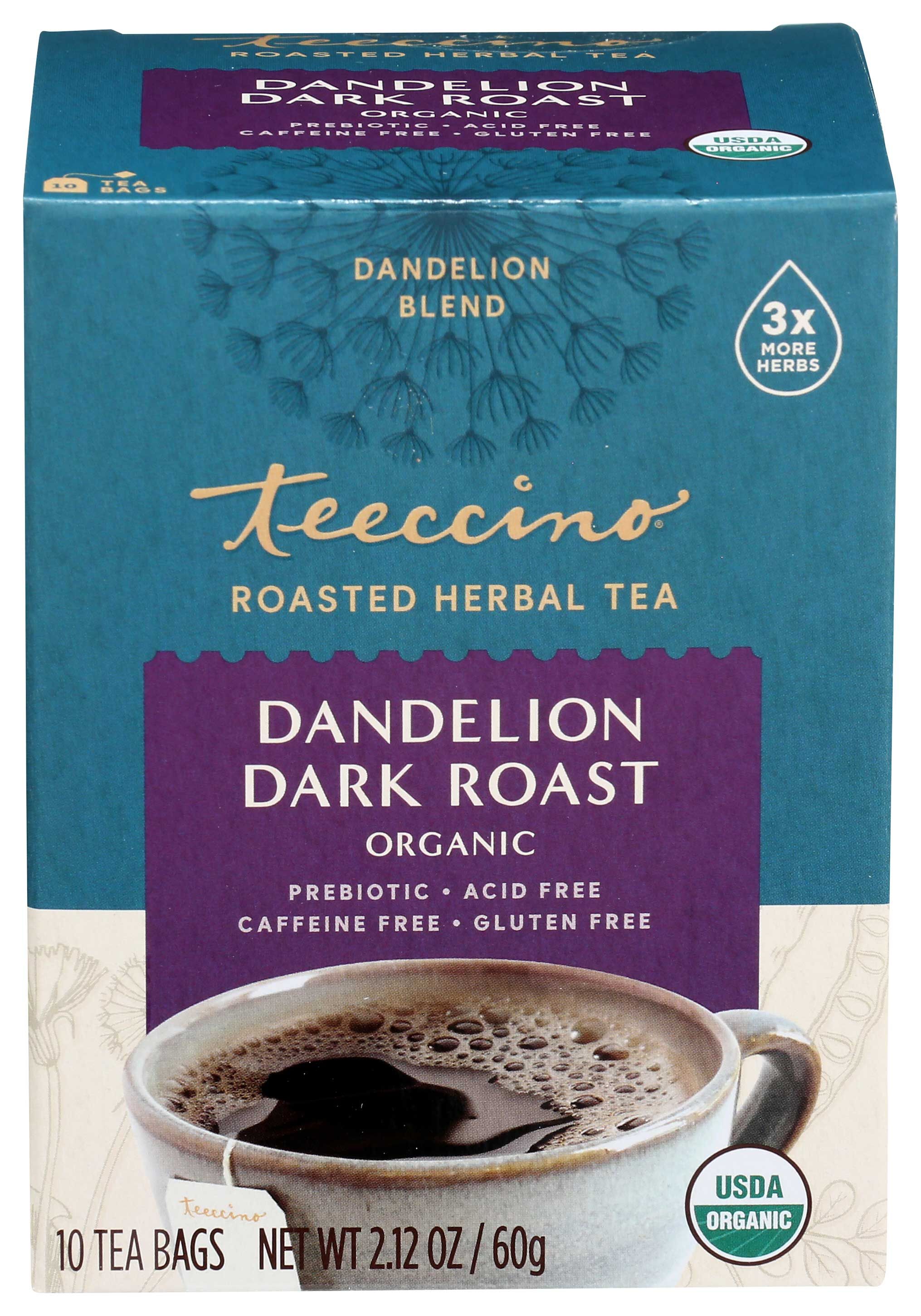 Teeccino Dandelion Dark Roast Herbal Coffee, 10 Bags Count -- 6 Per Case
