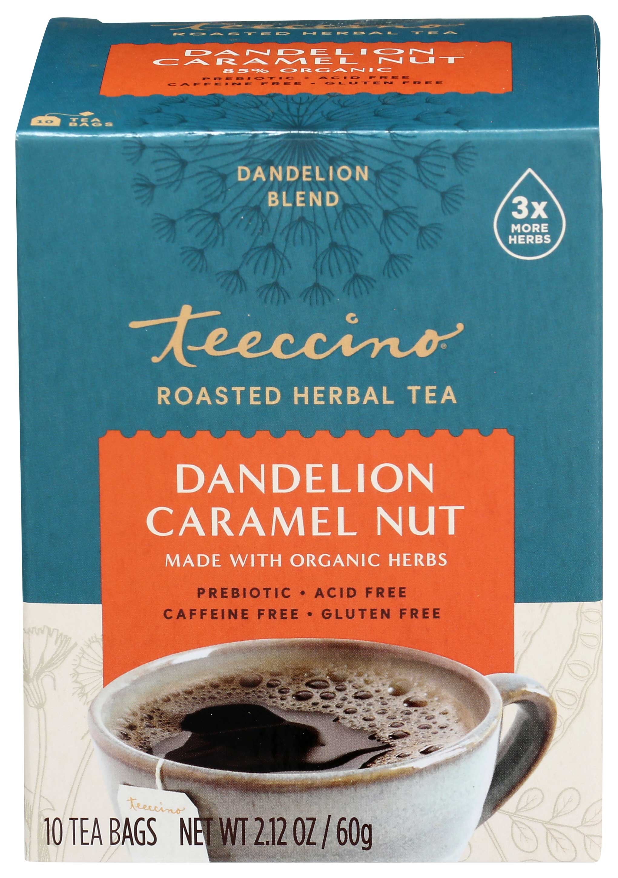 Teeccino Dandelion Caramel Nut Herbal Coffee - 10 bags per pack -- 6 packs per case.