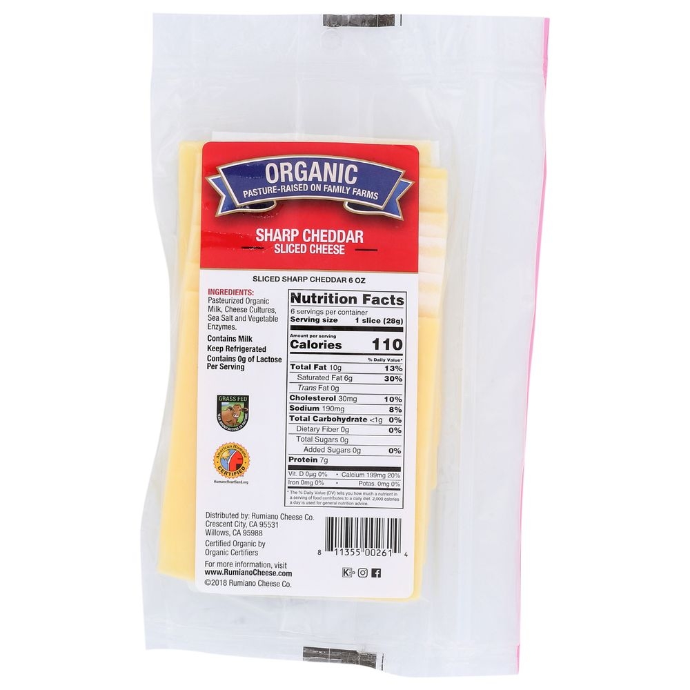 Rumiano Cheese Organic Sliced Sharp Cheddar Cheese, 6 Ounce -- 12 per case.