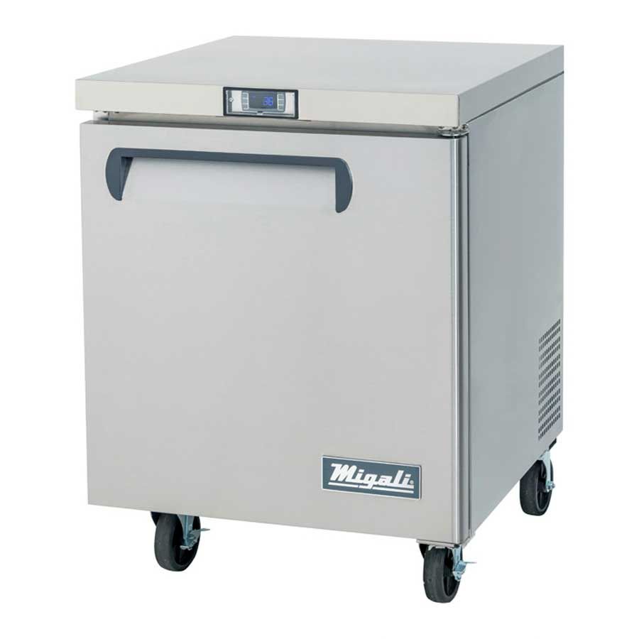 Migali Stainless Steel 1 Door Under Counter And Work Top Refrigerator With Adjustable Shelf, 27.5 Inch Width X 30 Inch Depth X 37.25 Inch Height