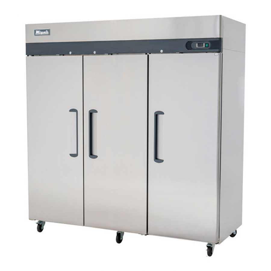 Migali Stainless Steel 3 Door Reach-in Freezer With 9 Adjustable Shelves, 77.8 Inch Width X 33.2 Inch Depth X 83.8 Inch Height