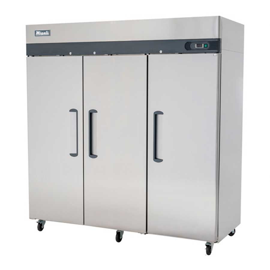 Migali Stainless Steel 3 Door Reach-in Refrigerator With 9 Adjustable Shelves, 77.8 Inch Width X 33.2 Inch Depth X 83.8 Inch Height