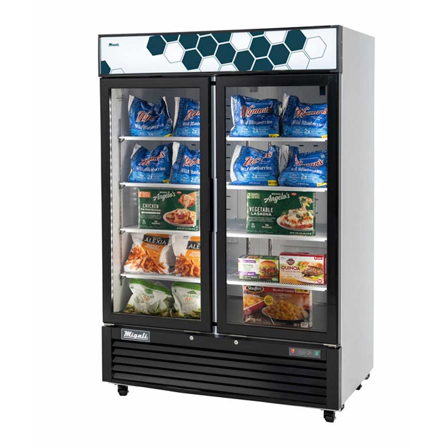 Migali Powder Coated Steel 2 Glass Door Merchandiser Freezer With 8 Adjustable Shelves, 54.4 Inch Width X 31.5 Inch Depth X 81 Inch Height