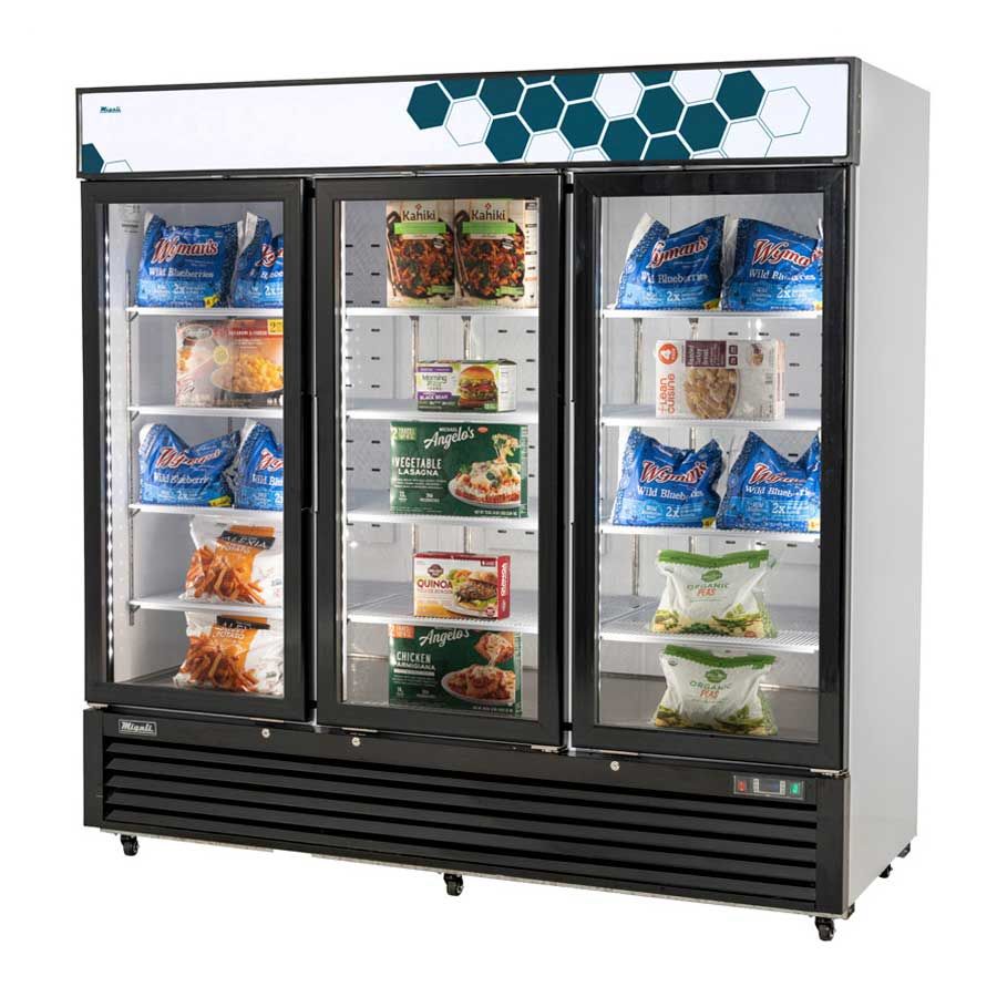 Migali Powder Coated Steel 3 Glass Door Merchandiser Freezer With 12 Adjustable Shelves, 82 Inch Width X 31.5 Inch Depth X 81 Inch Height