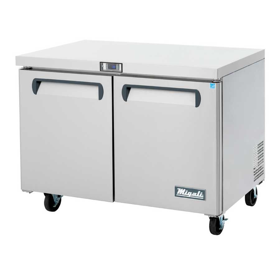 Migali Stainless Steel 2 Door Under Counter And Work Top Refrigerator With 2 Adjustable Shelves, 48.2 Inch Width X 30 Inch Depth X 37.25 Inch Height