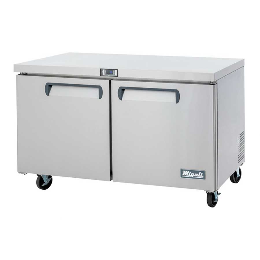 Migali Stainless Steel 2 Door Under Counter And Work Top Refrigerator With 2 Adjustable Shelves, 60.2 Inch Width X 30 Inch Depth X 37.25 Inch Height